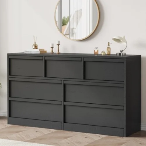 7 Drawer Dresser for Bedroom, Black Dresser Organizer with Concave Handles, Modern 7 Chest of Drawers for Bedroom Living Room Nursery