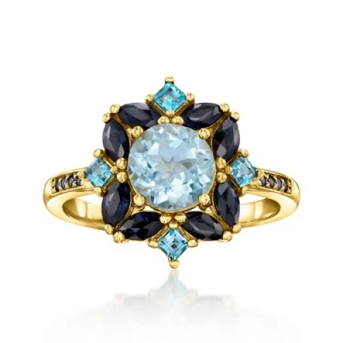 Ross-Simons 1.80 Carat Sky Blue Topaz, 2.40 ct. t.w. Sapphire and .80 ct. t.w. London Blue Topaz Ring in 18kt Gold Over Sterling Size 6