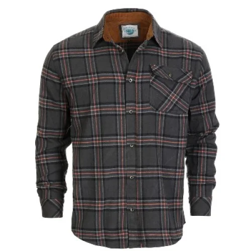 Gioberti Men's 100% Cotton Brushed Flannel Plaid Checkered Shirt with Corduroy Contrast, Charcoal / Gray / Coral Highlight, Medium