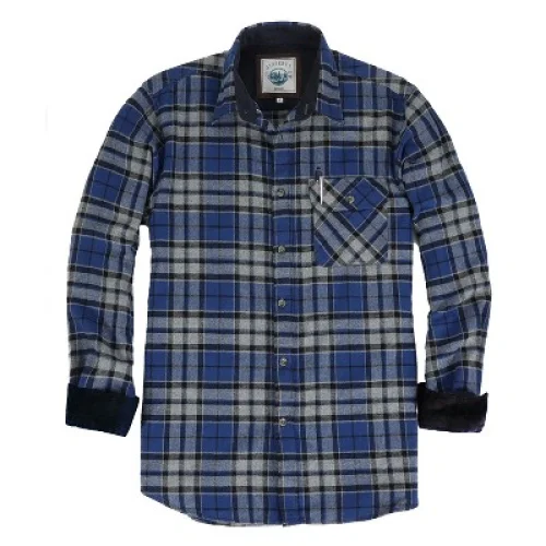 Gioberti Men's 100% Cotton Brushed Flannel Plaid Checkered Shirt with Corduroy Contrast, Gray / Royal Blue / Black, Small