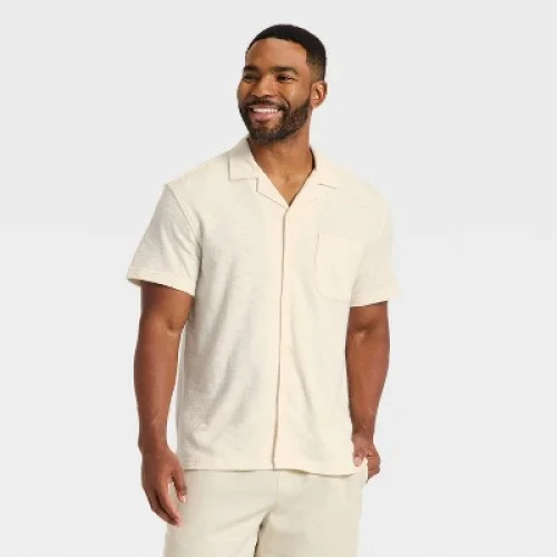 Men's Short Sleeve Knit Camp Shirt - Goodfellow & Co&trade; Ivory L