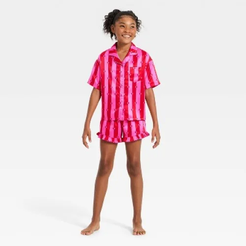 Girls' Valentine's Day Satin Button-Up Heart Striped Pajama Set - art class&trade; Pink L