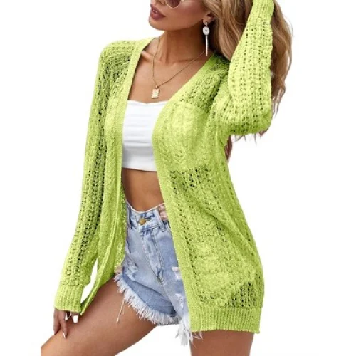 Women Crochet Lightweight Cardigans 2026 Spring Cardigan Open Front Long Sleeve Summer Sweaters Breathable Beach Cover Ups,Lemon Yellow - S