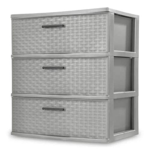 Sterilite 3 Drawer Wide Weave Tower, Plastic D&eacute;cor Drawers with Pull Handles, Gray
