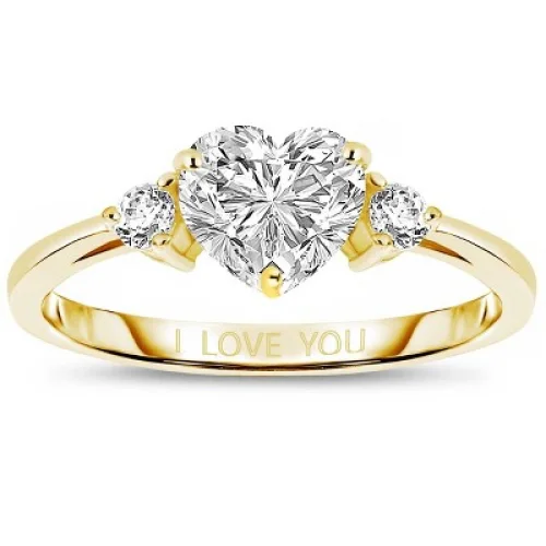 Guili 14k Gold Plated Heart and Round Clear Moissanite Three-Stone "I Love You" Ring
