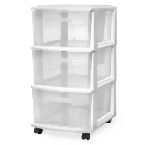 HOMZ Drawer Tower, 3-Tier Clear Plastic Rolling Storage Cart, Removable Wheels, White