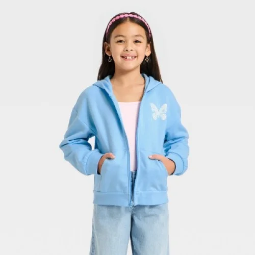 Girls' Fleece 'Butterfly' Hooded Zip-Up Sweatshirt - Cat & Jack&trade; Sky Blue M