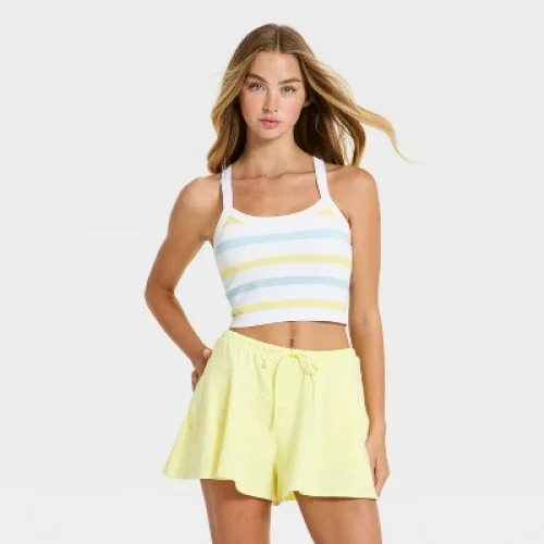 Women's Seamless Cropped Support Tank Top - JoyLab&trade; White/Yellow/Blue Stripe S