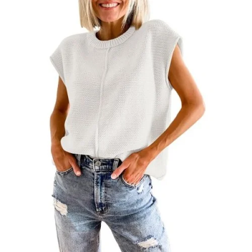 Womens Pullover Sweater Vest Crew Neck Cap Sleeve Loose Fits Sweater Ribbed Knit Tops Solid Sweaters for Women,White - XL