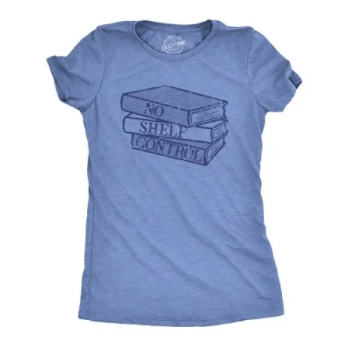 Womens No Shelf Control T Shirt Funny Nerdy Book Lovers Reading Bookshelf Joke Tee for Ladies - Crazy Dog Women's T Shirt for Nerds Light Blue XL