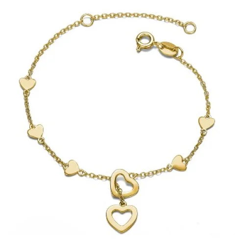 Guili Elegant 14K Gold Double Halo Heart Dangle Charm Bracelet for Kids, Adjustable Length &ndash; A Timeless Piece for Little Ones.
