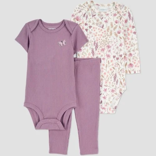 Carter's Just One You&reg; Baby Girls' 3pc Floral Bodysuit Set - Purple Newborn