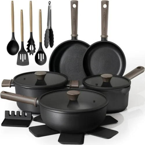 Astercook 18-Piece Pots and Pans Set, Black Titanium Induction Nonstick Cookware Set, Oven Safe to 480&deg;F, Induction Compatible & Dishwasher Safe, Kitchen Cooking Set for RV Trips, Camping and Picnic