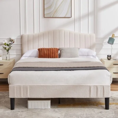 VECELO Bed Frame, Upholstered Platform Bed with Soft Teddy Fabric Adjustable Headboard, Bed Frame Beige Queen Bed