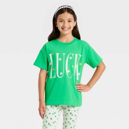 Girls' Short Sleeve Oversized St. Patrick's Day 'Luck' Graphic T-Shirt - Cat & Jack&trade; Green S