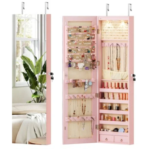 Costway Mirrored Wall & Door Mounted Jewelry Cabinet Storage Organizer with Lights & Drawer Pink