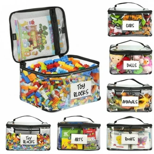 HBK 6 Pack Clear Toy Storage Bags with Handles, Zippered Organizer Bins for Puzzles Board Games Legos, Playroom Storage Containers with Label