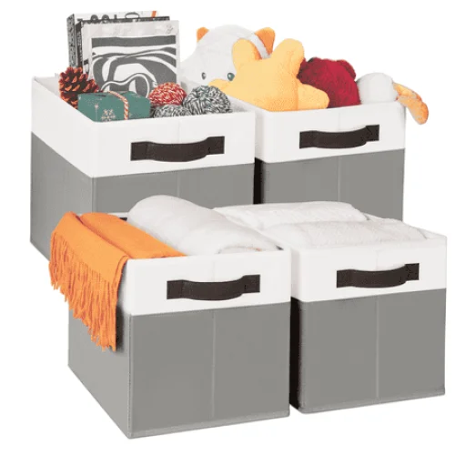 Criusia 4 Pack Large Foldable Fabric Cube Storage Bins for Shelves, Cloth Storage Bins with Handles, Closet Organizers Cubes and Storage, Gray, 14x10x9.5 in