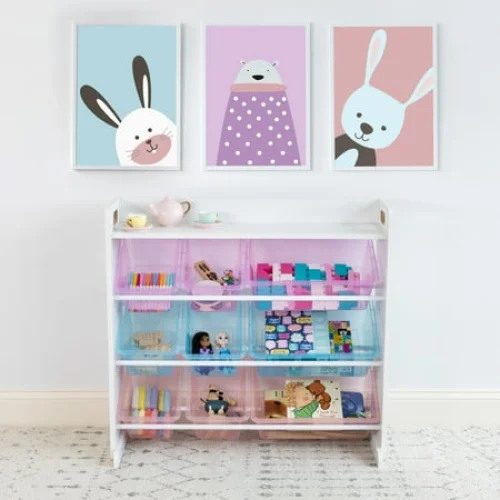 Humble Crew Kids Toy Storage Organizer with Shelf and 9 Plastic Storage Bins, White/Purple/Pink/Blue