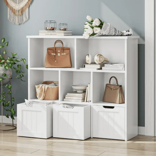 Homfa 5-Cube Toy Storage Organizer with 3 Drawers, Kids Bookcase, White Finish