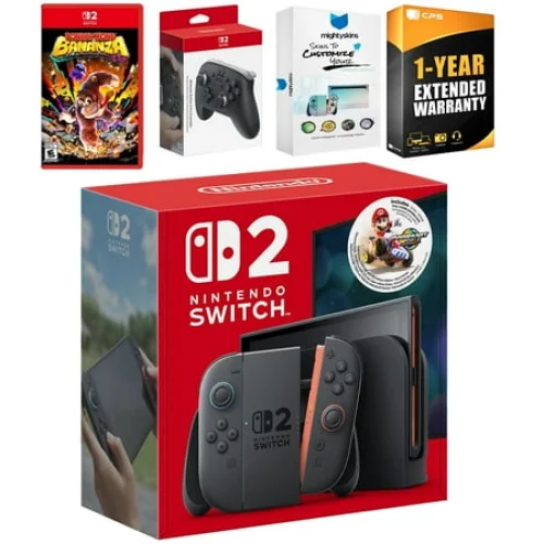 Nintendo Switch 2 + Mario Kart World Bundle with Donkey Kong Bonanza, Pro Controller, MightySkins Code and 1 CPS Year Extended Warranty