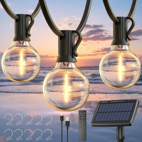 Quntis 61ft 25+2Bulb Solar String Lights Outdoor with Remote, 4 Flash Mode &Dimmable Solar Lights Outdoor with Type-C Power, Waterproof Solar Patio string light for Patio Backyard Garden,Warm White