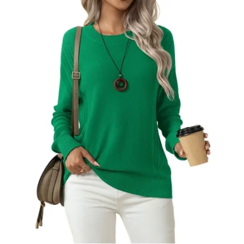 Women's Fall Soft Crewneck Long Sleeve Hollow Cable Knit Pullover Sweater, Green (S-3XL)