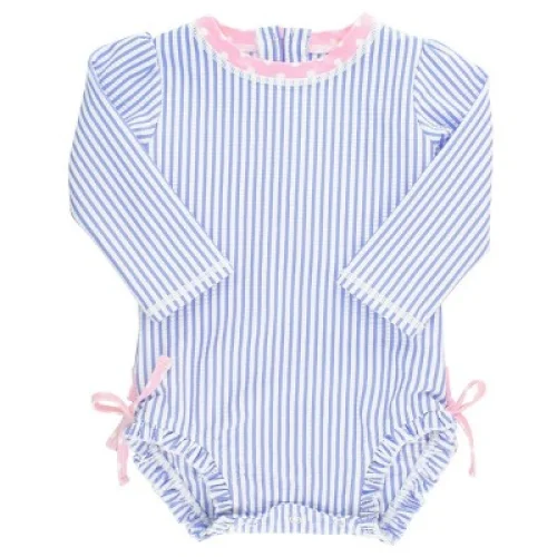 RuffleButts Baby Girls Seersucker One Piece Rash Guard - Periwinkle Blue, Size: 2T