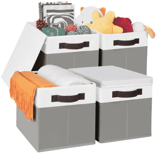 4 Pack Criusia Storage Baskets with Lids and Handles for Closet and Shelf Organization, Gray