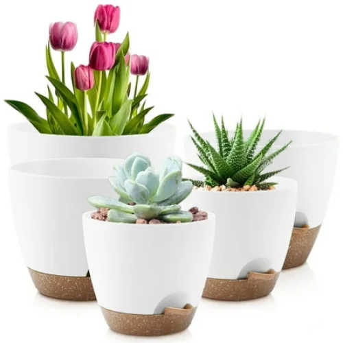 FOUKUS Set of 5 Self-Watering Plant Pots with Drainage &ndash; Eco-Friendly Plastic Planters for Indoor & Outdoor Use &ndash; Pots for Succulents, Cactus, Snake Plants (7", 6.5", 6", 5.5", 5") &ndash; White