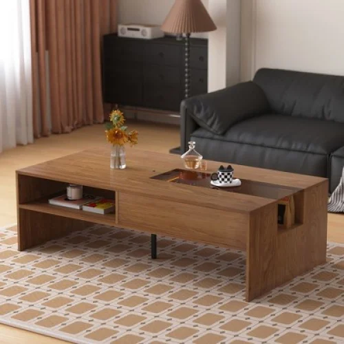 Luck Live Modern 51.1" Rectangular Coffee Table with LED Ambient Lights and Two Dust-Proof Storage Compartments Walnut Color