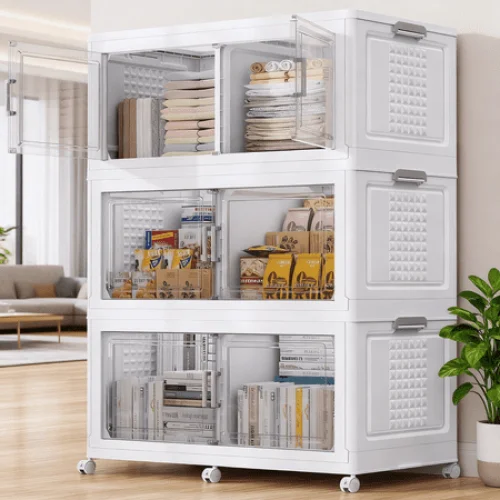 3-Pack White Broview 600QT Stackable Storage Bins with Lids, Wheels, Dividers & Collapsible Design