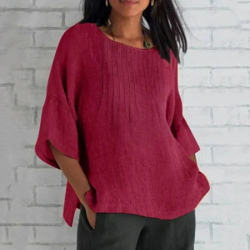 Women's Loose Fit Linen Shirts - 3/4 Sleeve Crewneck Oversized T-Shirt Solid Color Pleated Comfy Tees