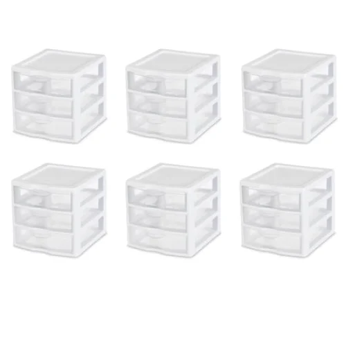 6-Pack Sterilite Small 3 Drawer Unit, Clear Plastic Countertop or Desktop Drawers, White