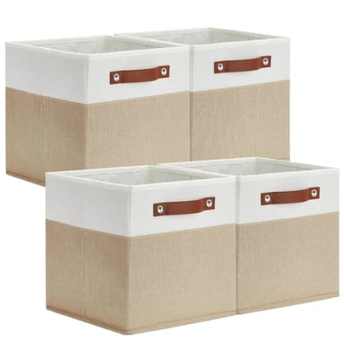 4 Pack Foldable Storage Cube Bins with Leather Handle - 13x13 inch Fabric Organizers
