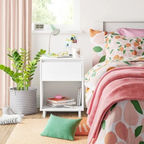 Modern Nightstand White - Room Essentials&trade;: Open Shelf, Storage Drawer, Laminated Finish, Particle Board, Rectangle Shape