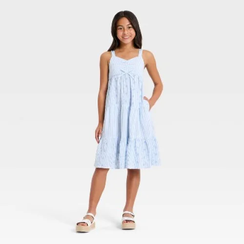 Girls' Woven Seersucker Striped Midi A-Line Dress - Cat & Jack&trade; Blue L