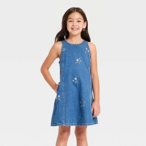 Girls' Embroidered Denim Shift Dress - Cat & Jack&trade; Medium Wash S