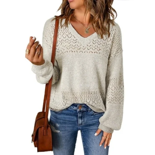 Eytino Sweaters for Women V Neck Sweater Lightweight Crochet Sweater Casual Long Sleeve Hollow Out Knit Sweater Fall Pullover Sweater Tops for Women Oversized Sweaters White M