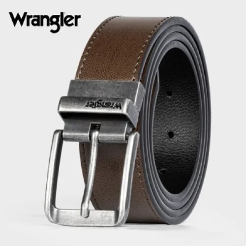 Men's 2-in-1 Reversible Leather Belt with Harness Buckle - Wrangler, Brown/Black, Adjustable Fit