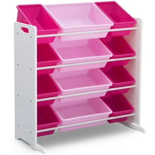 Delta Children Kids Toy Storage Organizer with 12 Plastic Bins, White/Pink, Ages 3+