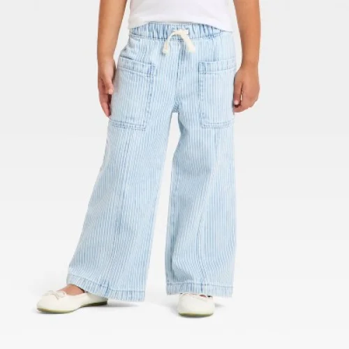 Toddler Girls' Stripe Print Wide Leg Denim Pants - Cat & Jack&trade; Light Wash 4T