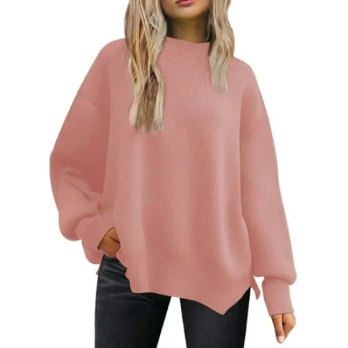 MOSHU Crewneck Sweaters for Women Drop Shoulder Long Sleeve Tops Side Slit Oversized Pullover Sweaters