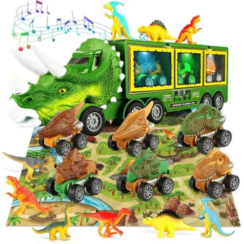Dinosaur Transport Truck Playset with Flashing Light and Sound - Pull Back Dinosaur Cars (Green)