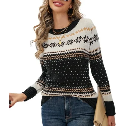 SOMER Christmas Sweaters for Women Casual Crewneck Long Sleeve Knit Winter Warm Printed Snowflake Holiday Patterned Jumper Pullover Tops