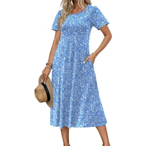 Fantaslook Summer Dresses for Women Casual Short Sleeve Pleated Dress Flowy Floral Dress with Pockets Flare Midi Sundress