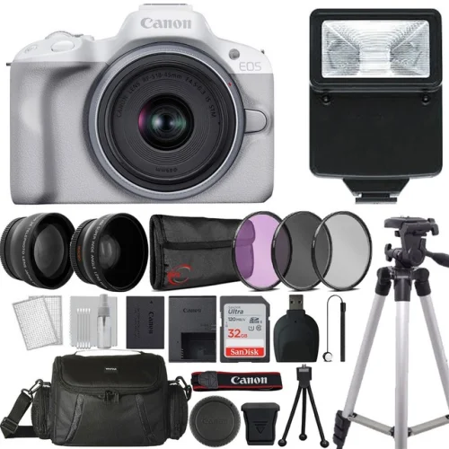 Canon EOS R50 Mirrorless Camera White with 18-45mm Lens Complete Creator Bundle