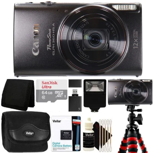 Canon PowerShot ELPH 360 HS A Digital Camera Black with Tripod Accessory Bundle