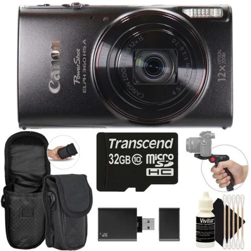 Canon PowerShot ELPH 360 HS A Digital Camera Black with 32GB MicroSD Card Bundle
