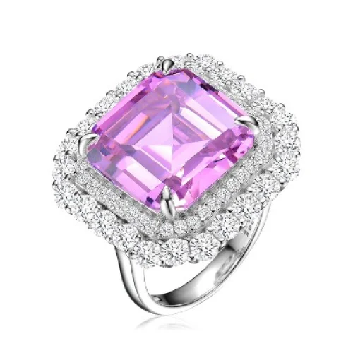Guili Sterling Silver Rhodium-Plated Pink Asscher Cubic Zirconia with Clear Round Cubic Zirconia Double Halo Cocktail Ring, Elegant Design, Size 6